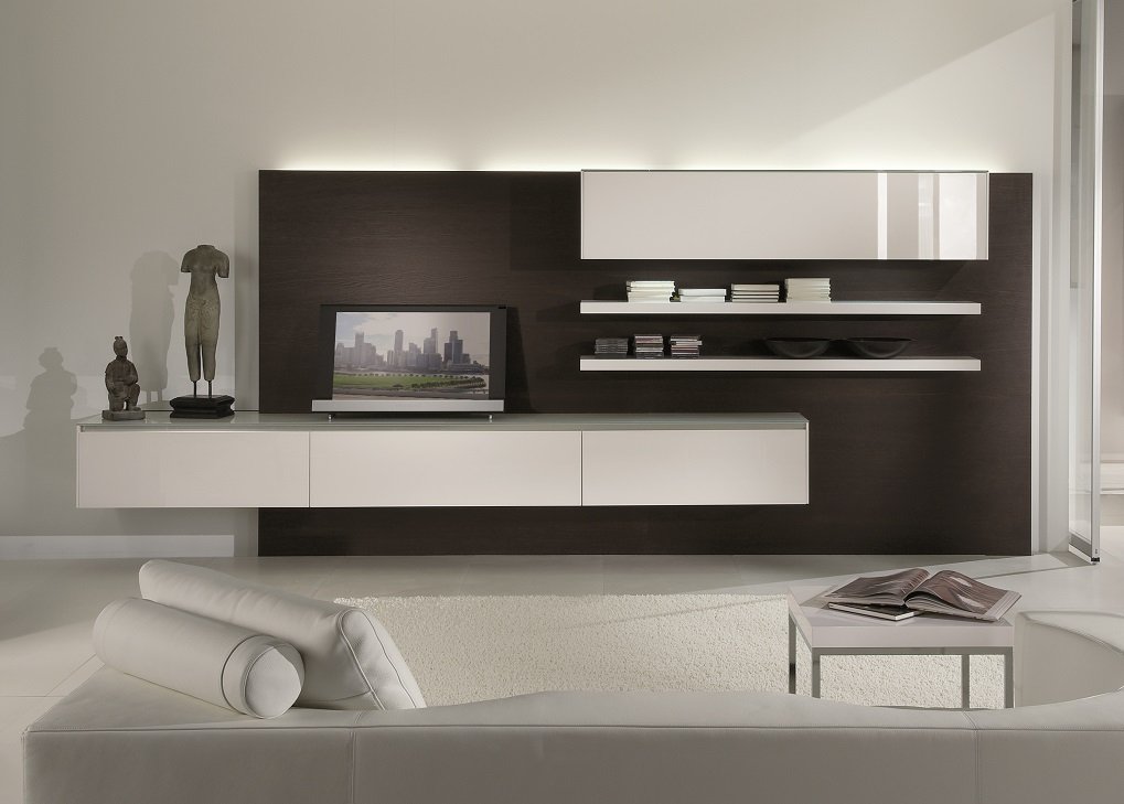 Modern minimalist living room with white furniture