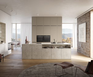 Modern open-plan kitchen with stone island, floor-to-ceiling cabinets and natural light, showcasing high-quality durable furniture