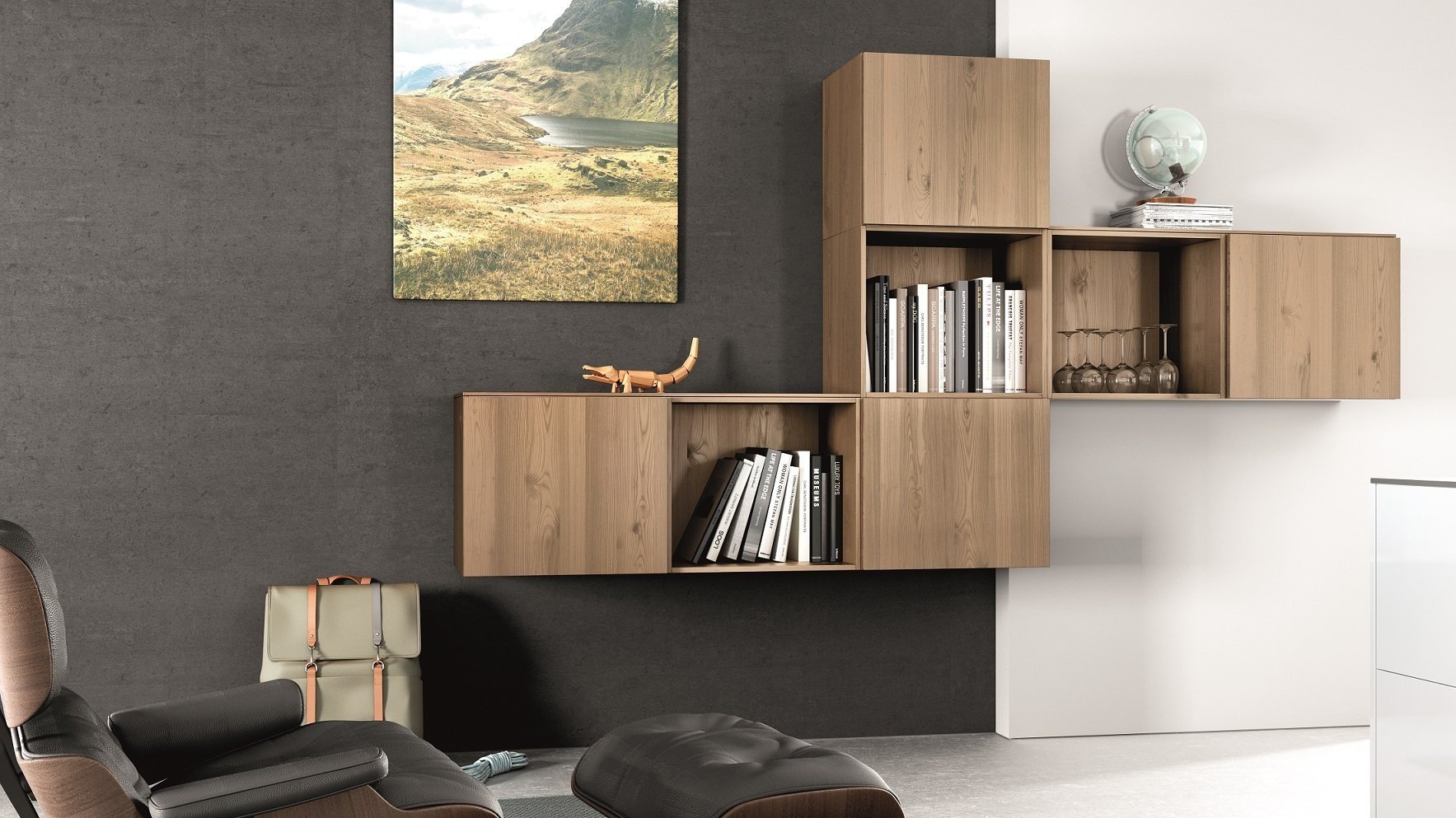 Modern living space with floating timber shelves, books and glassware display, dark feature wall and minimalist decor
