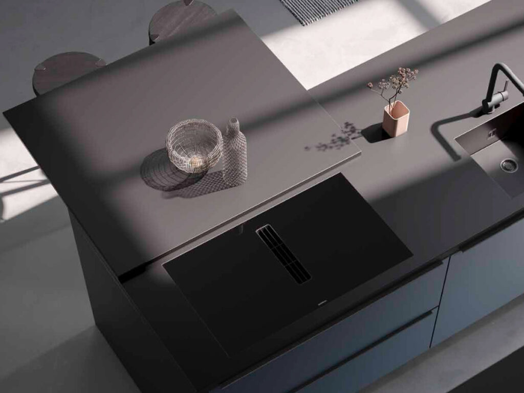 Luxury modern kitchen design with satin lacquer 2PAC fronts, integrated cooktop and sleek minimalist benchtop styling