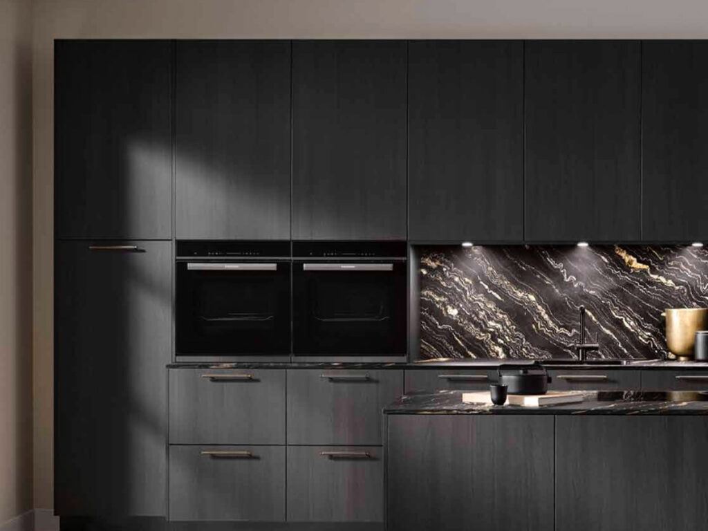 Dark kitchen with wood laminate fronts