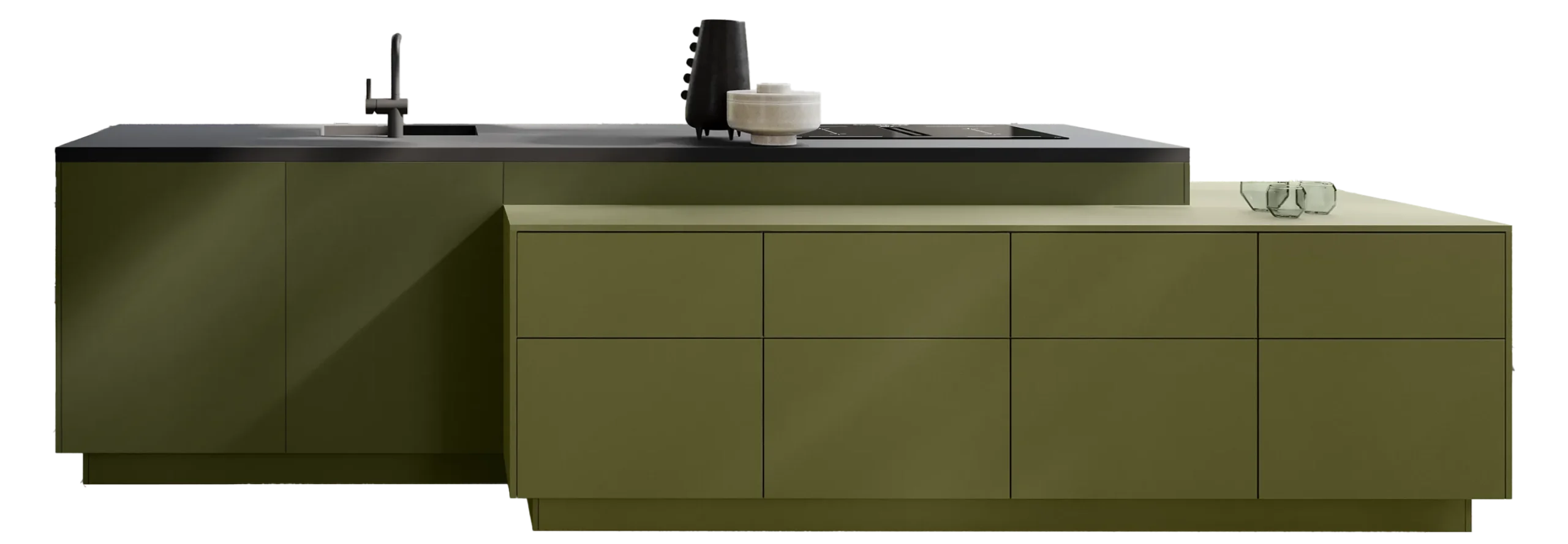 Olive green modern kitchen island with black benchtop